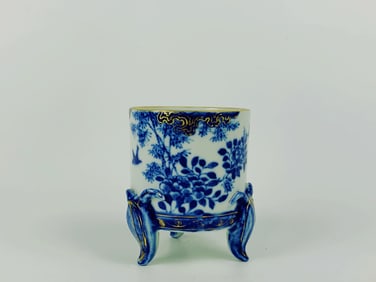 Chinese Blue and White Gilt Porcelain Tripod Censer, Qianlong Mark