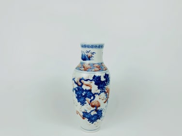 A Chinese Blue and White and Copper Red 'squirrel and Grapes' Vase,Qing Dynasty