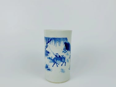 Transitional Blue and White 'Ox Herder' Brushpot