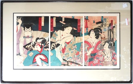 Chikashige Morikawa, Kabuki, Meibokou Sendai Hagi, Triptych, Meiji