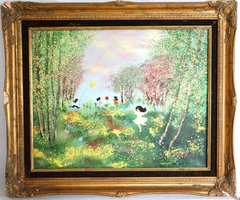 Large Enamel on Copper Painting. "Children Playing In A Field".