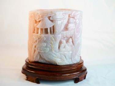 A Large Pink Jade Brush Pot with Wood Stand