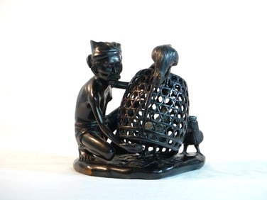 Fine Balinese Carved Wood Figure of Man W/ Rooster