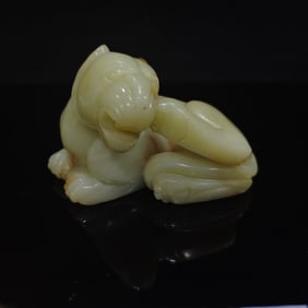 Chinese Hetian Celadon and Russet Jade Carving of A Mythical Beast