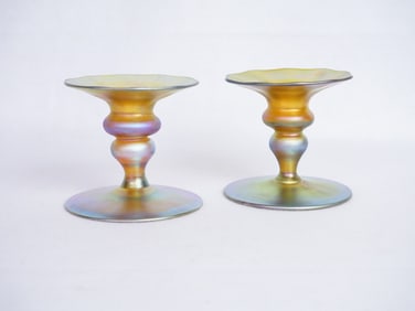 Pair of Tiffany Studios(American,1878-1938) Gold Favrile Glass Candlesticks