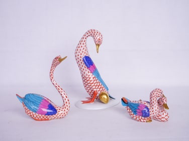 Lot of 3 Herend Porcelain Rust Fishnet Swan/Goose/Ducks
