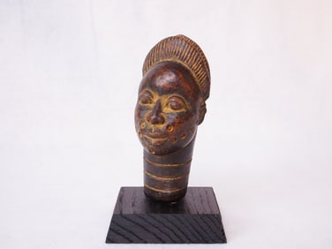 African Tribal Pottery Head Sculpture with Wood Base