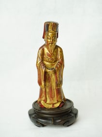 Chinese Gilt Lacquered Wood Figure on Stand, Qing Dynasty