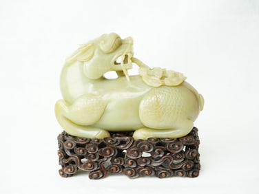 Rare Chinese Carved Jade Figure of A Qilin with Wood Stand, Qing Dynasty