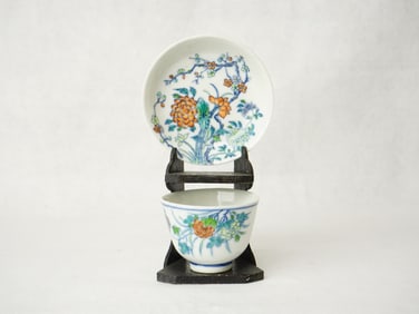 A Chinese Doucai Cup and Dish with Wood Stand, Qing Dynasty