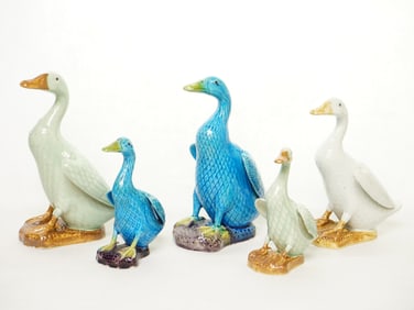 Group of 5 Chinese Export Glazed Porcelain Ducks, Republic Period