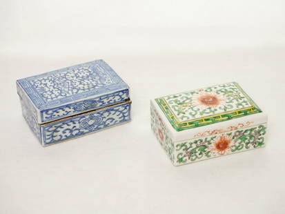 Lot of 2 Chinese Porcelain Covered Boxes: Approximate size: 4.75x2.25x3.5 in/4.5x3.5x1.75 in Shipping: We offer in-house shipping services for most small items. This means that we will take care of packing and shipping the items directly to y