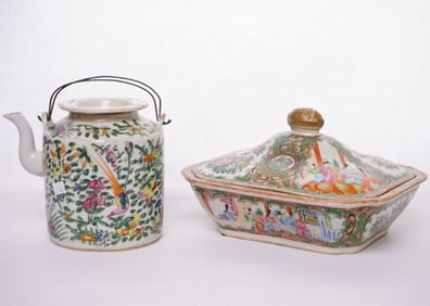 A Chinese Export Rose Medallion Teapot and A Covered Dish