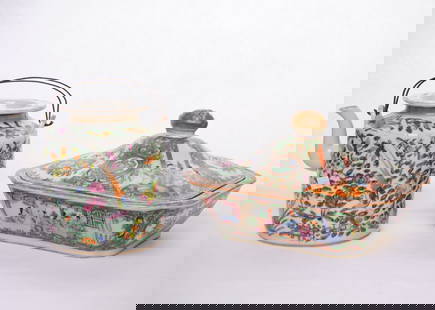 A Chinese Export Rose Medallion Teapot and A Covered Dish: Approximate size:teapot H:6 in/covered dish 9.5x8x5.5 in Shipping: We offer in-house shipping services for most small items. This means that we will take care of packing and shipping the items directl
