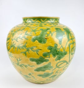 A Rare and Fine Chinese Yellow-Ground Green Enameled 'Three Friends of Winter' Jar, Ming Dynasty