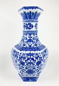 A Rare Chinese Blue and White ‘Lotus Scroll’ Hexagonal Vase, Qing Dynasty