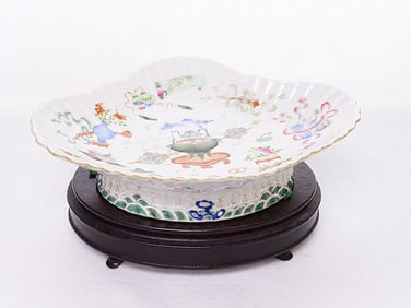 Chinese Famille Rose Footed Dish with Wood Stand, Mark and Period Jiaqing