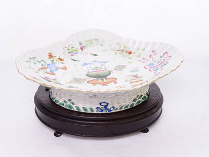 Chinese Famille Rose Footed Dish with Wood Stand, Mark and Period Jiaqing: Approximate size:10.5x8.25x2.5 in Shipping: We offer in-house shipping services for most small items. This means that we will take care of packing and shipping the items directly to you. For larger or