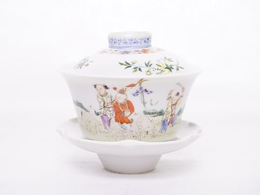 Chinese Famille-Rose 'Hundred Boys' Covered Cup and Saucer, Qing Dynasty