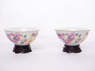 Pair of Chinese Famille-Rose 'Fruits' Bowl with Wood Stands, Mark and Period Guangxu