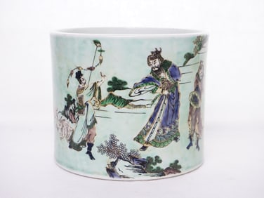 Rare Chinese Famille Verte 'Figural' Brush Pot, Qing Dynasty