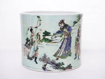 Rare Chinese Famille Verte 'Figural' Brush Pot,  Qing Dynasty: Approximate size:7.5x7.5x6 in Shipping: We offer in-house shipping services for most small items. This means that we will take care of packing and shipping the items directly to you. For larger or spe