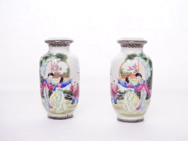 Pair of Chinese Famille Rose 'Lady and Boy' Vases, Republic Period