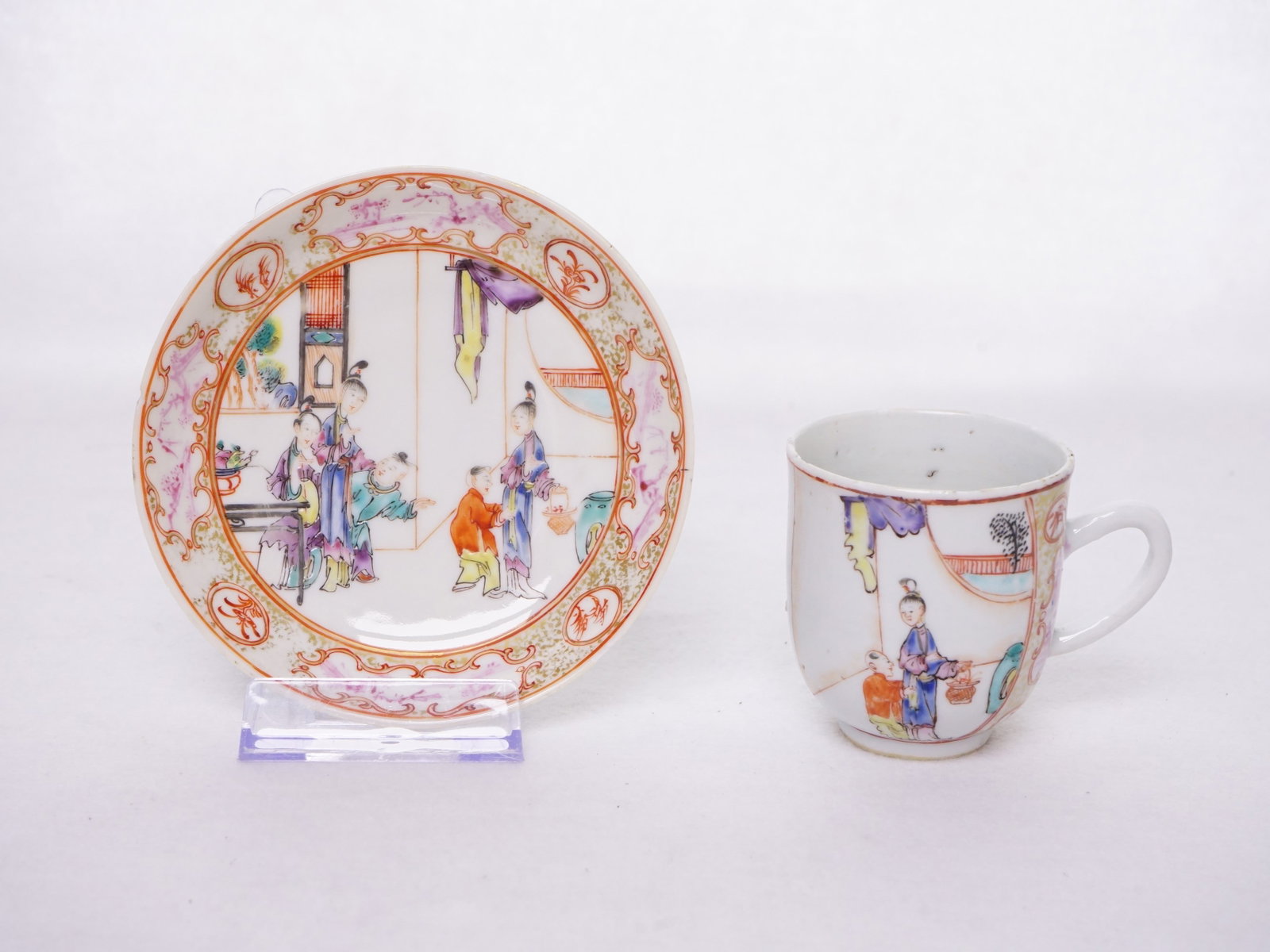 Chinese Export 'Mandarin' Cup and Saucer, 18th Century: Approximate size:saucer 4 3/4 in/cup dia 2 3/8 in Shipping: We offer in-house shipping services for most small items. This means that we will take care of packing and shipping the items directly to yo