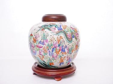 Chinese Famille-Rose 'Hundred Boys' Jar with Wood Lid and Stand, 19th Century