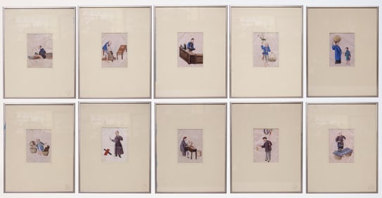 Set of 10 Chinese Framed Paintings on Pith Paper, Qing Dynasty
