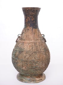 Chinese Bronze Double-Handle Hu-Type Vase, Ming Or Earlier