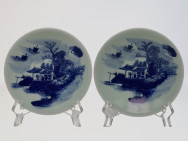 Pair of Chinese Celadon Ground Blue and White 'Landscape' Dishes, Qing Dynasty