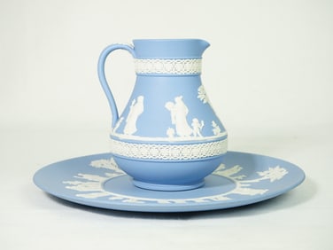 Wedgwood Blue Jasperware Pitcher And Plate