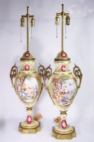 Watteau Paintings of Lovers Sevres Style Covered Urn Lamps