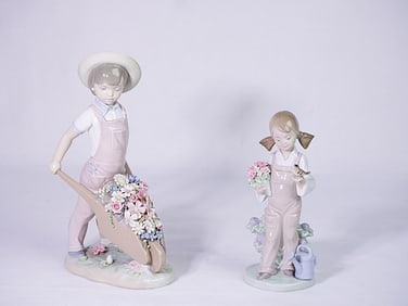 Lladro Boy With Flower Cart And Spring Girl Figurine
