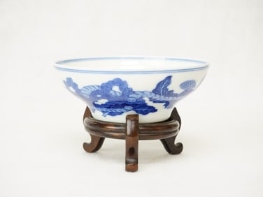 Chinese Blue and White 'Floral' Bowl with  Wood Stand, Republic Period