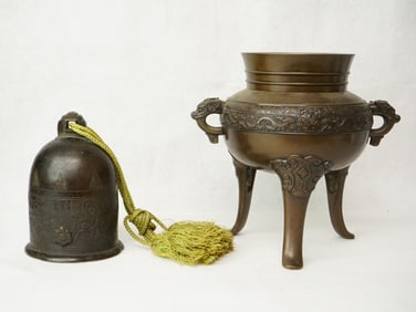 A Japanese Bronze Censer By Sadatsuka Yoshimasa  and A  Chinese Brobze Bell,19th Century