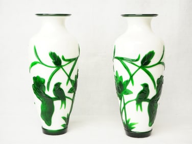 Pair of  Chinese Green and White Peking Glass Vase,Early 20th Century