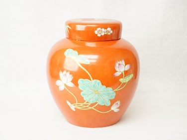 Chinese Coral-Red Ground Famille Rose 'Floral' Covered Jar ,Qing Dynasty