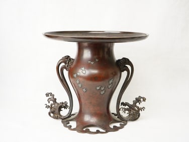 Japanese Silver Inlay  Bronze Ikebana Vase,Meiji Period