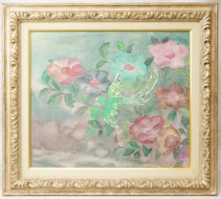 Japanese Framed Watercolor Painting with  Mother-of-Pearl Inlay