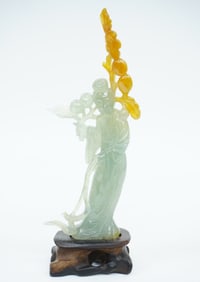 Chinese Carved Celadon and Yellow Jade Figure of  A Female Immortal,Qing Dynasty