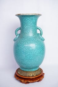 Chinese Crackle Green Glazed Lamp Vase