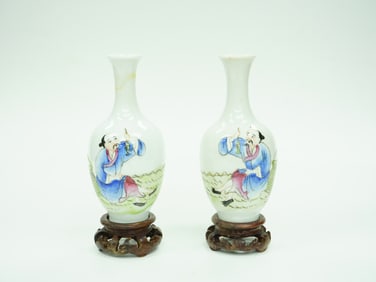 Pair of  Chinese Famille Rose Vases with  Wood Stand, Republic Period