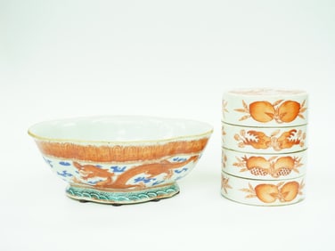 Lot of  2 Chinese Iron Red Enamel Porcelain Wares, Qing Dynasty