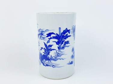 A Chinese Blue and White 'Figural' Brush Pot