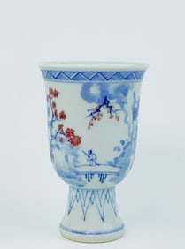 Chinese Copper Red and Underglaze Blue 'Landscape' Stem Cup