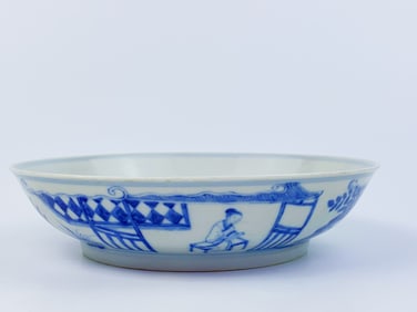 Chinese Blue and White 'Figural' Dish with  Mark
