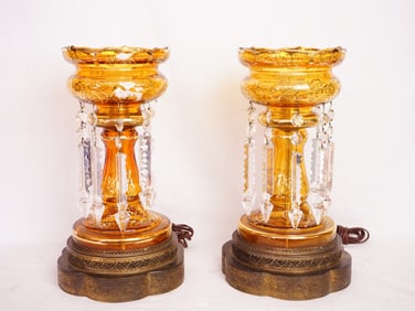 Pair of  Antique Bohemia Amber Glass and Crystal Mantel Lusters Lamps