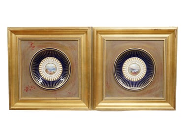 Two Fine England Hand Painted Plates with  Gold Gilt Frame